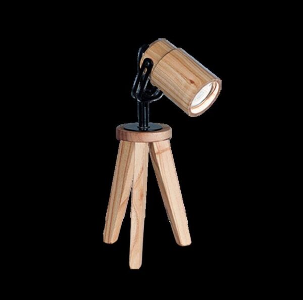 VELADOR TRIPODE CABEZAL  MADERA GU10 DETALLES EN NEGRO ALT 33 CM "ISO"