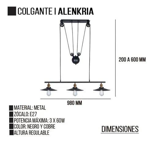 COLGANTE ALÉNKRIA METALICO 3X60W 160X260MM 98CM DIAM NEGRO