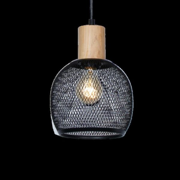 COLGANTE MADERA Y REJILLA NEG/BL DIAM 17CM PARA E27